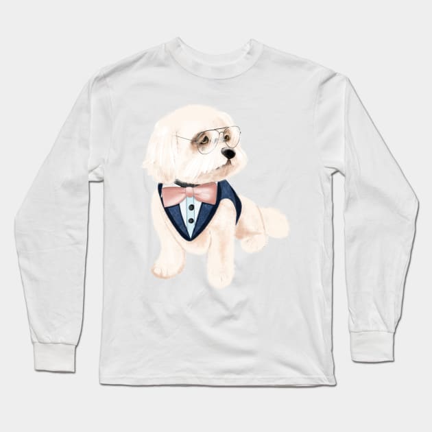 Puppy in glass, bichon frise dog, cute business puppy, bichon in jacket, seriously dog Long Sleeve T-Shirt by PrimeStore